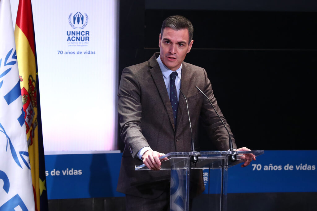 El presidente del Gobierno, Pedro Sánchez, durante su intervención en el evento de celebración mundial del 70º Aniversario de la Convención sobre el Estatuto de los Refugiados