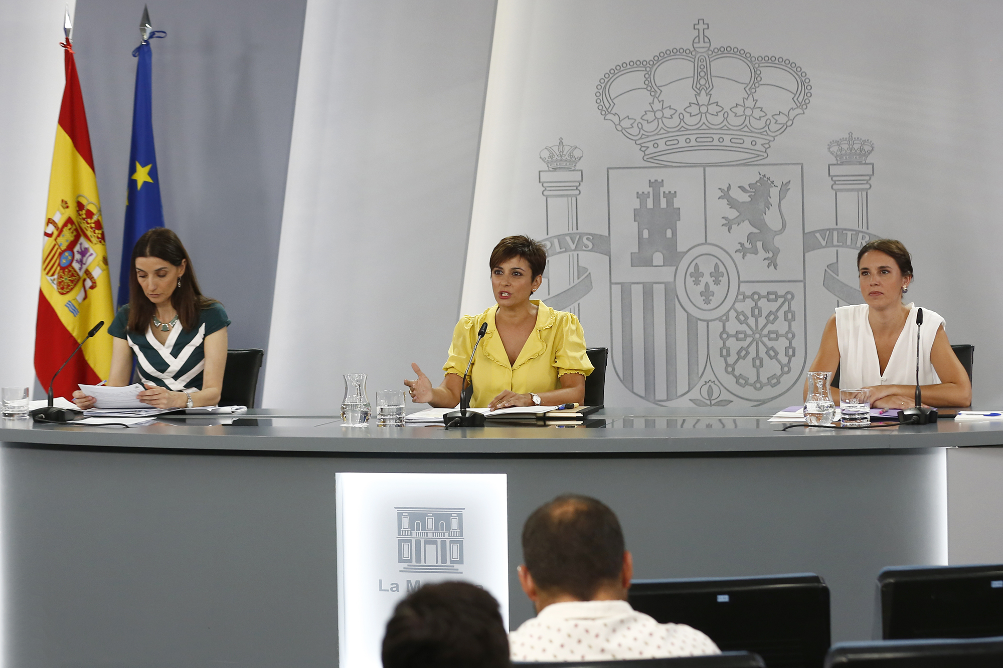 La ministra de Política Territorial y portavoz del Gobierno, Isabel Rodríguez, la ministra de Justicia, Pilar Llop y la ministra de Igualdad, Irene Montero, comparecen en la rueda de prensa tras el Consejo de Ministros